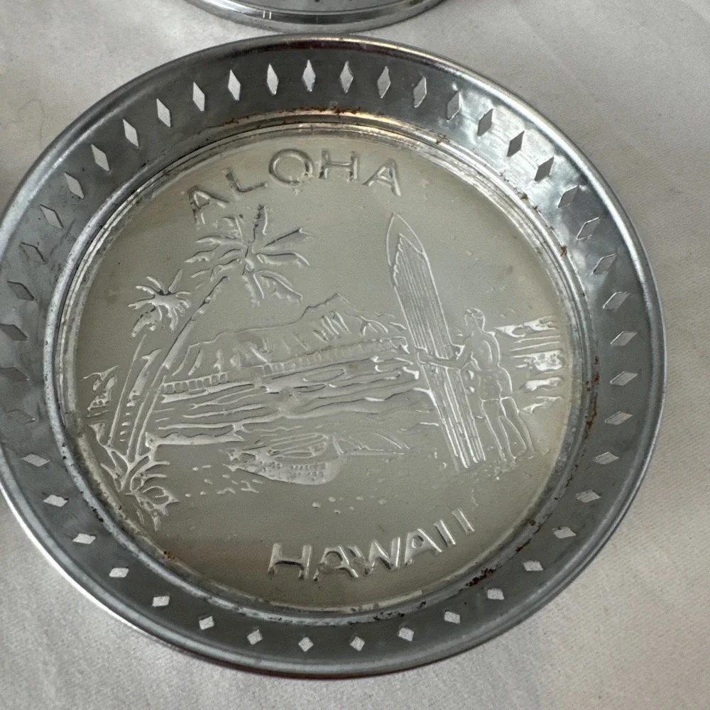 Vintage Hawaii Aloha Tin Metal Coasters Surfer Tiki Bar Man‎ Cave 3
